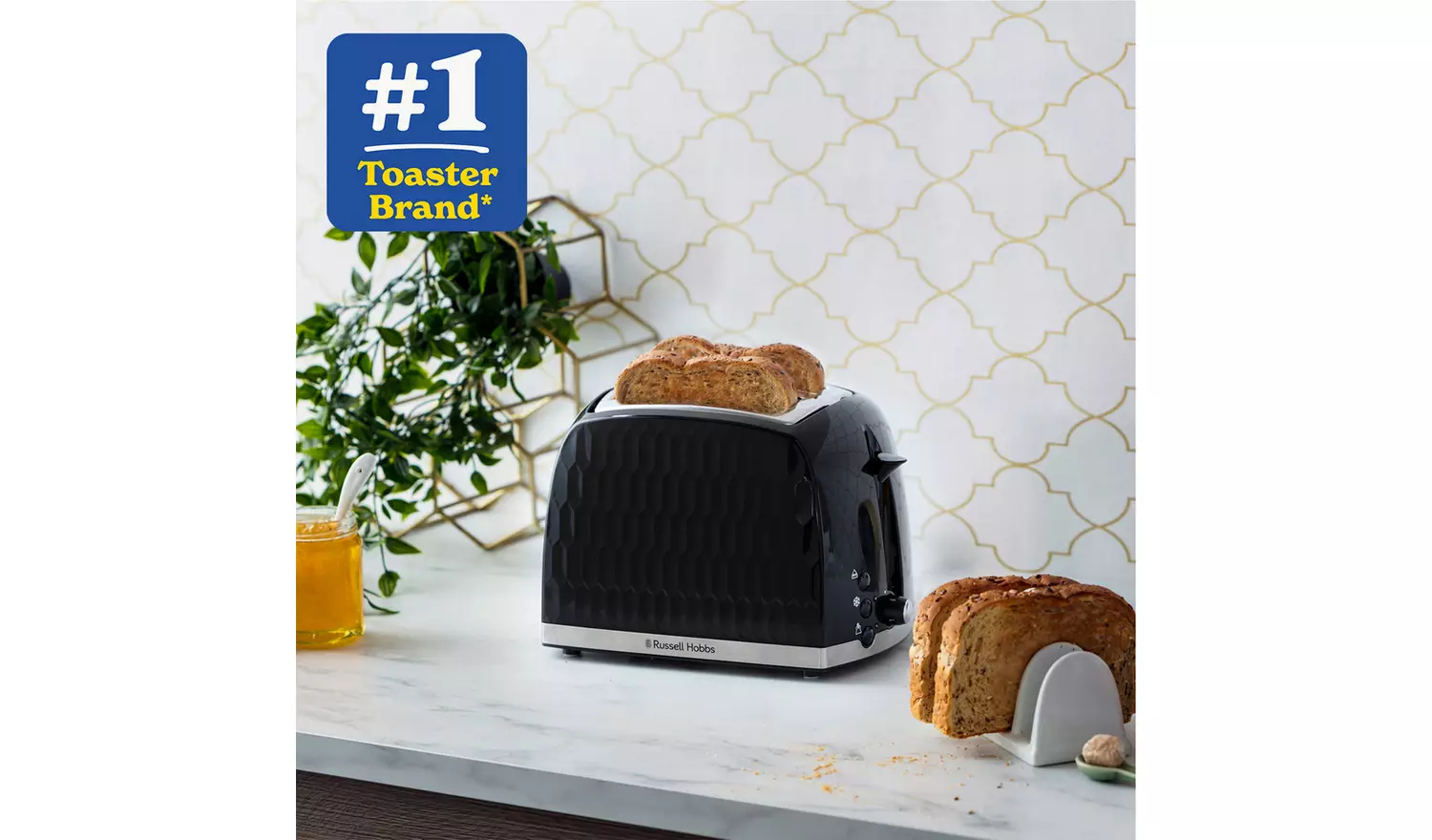 Russell Hobbs Honeycomb black two slice toaster with toast