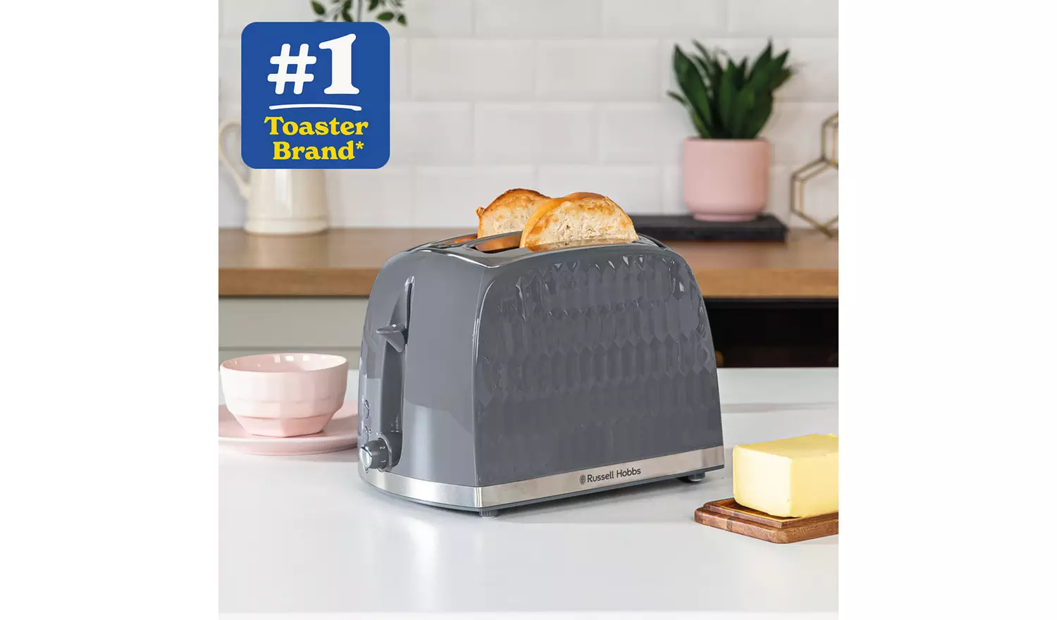Russell Hobbs Honeycomb grey two slice toaster with toasted bread