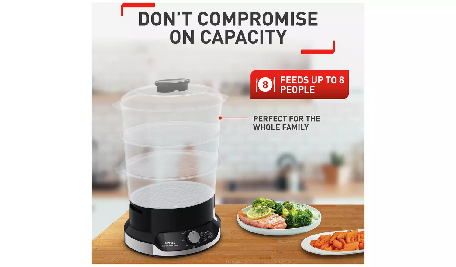 Tefal VC204865 Ultracompact black three bowl steamer with lid and controls