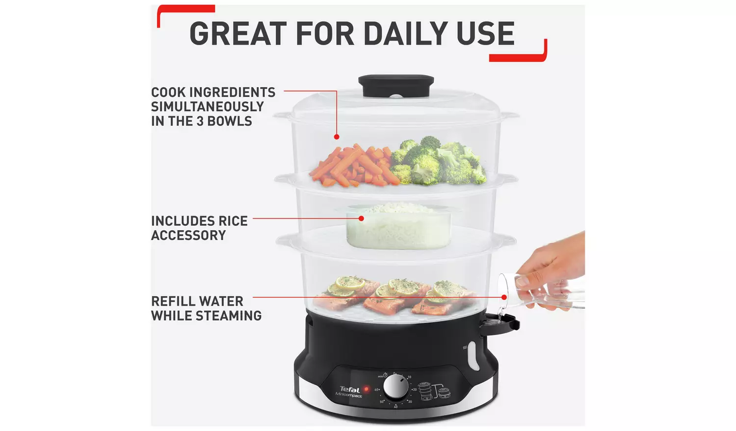 Tefal VC204865 Ultracompact black three bowl steamer with rice accessory