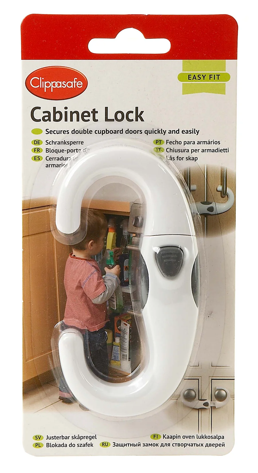 Clippasafe white cabinet lock for securing double cupboard doors safely