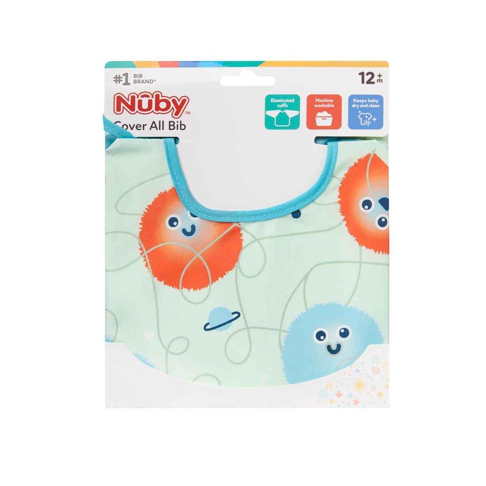 Nuby Cover All Bib with elasticated cuffs, machine washable, twelve months plus