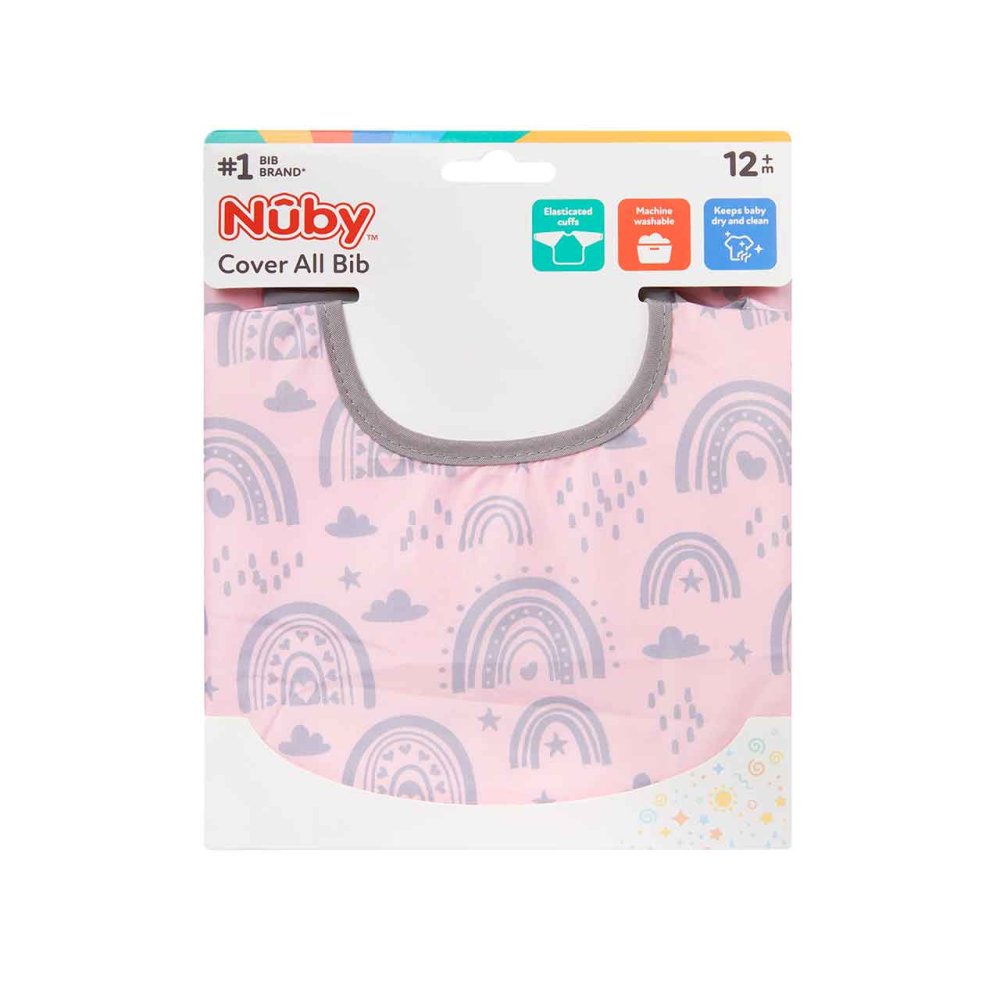 Nuby Cover All Bib pink with rainbow and cloud pattern for twelve months plus