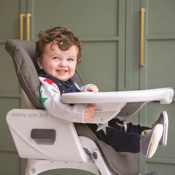 Joie Mimzy Spin 3in1 highchair with geometric mountains design in grey and white