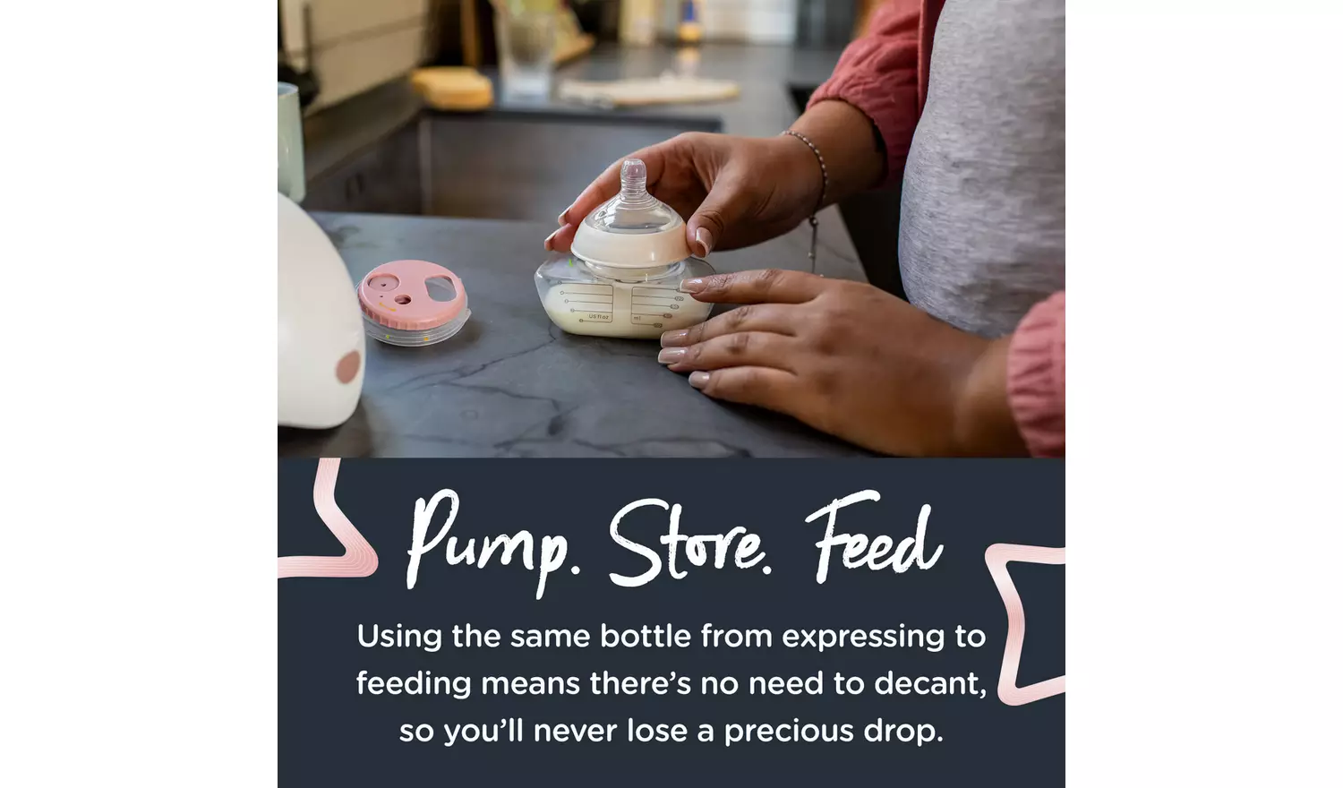 Tommee Tippee breast milk collector bottle with pink storage lid shown