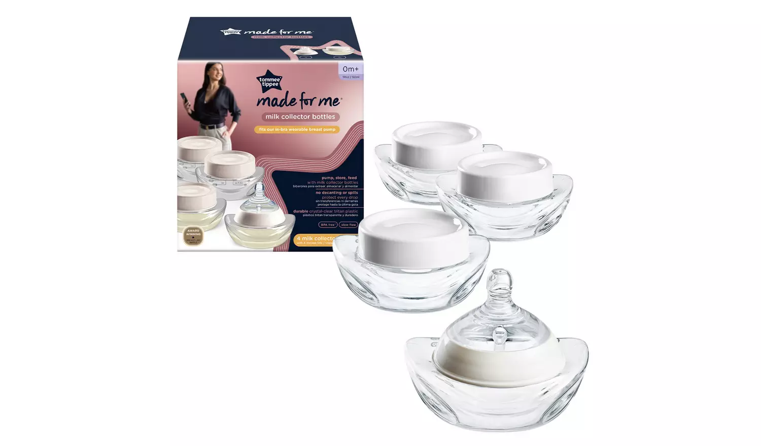Tommee Tippee Made for Me breast milk collector bottles, four pack with white lids