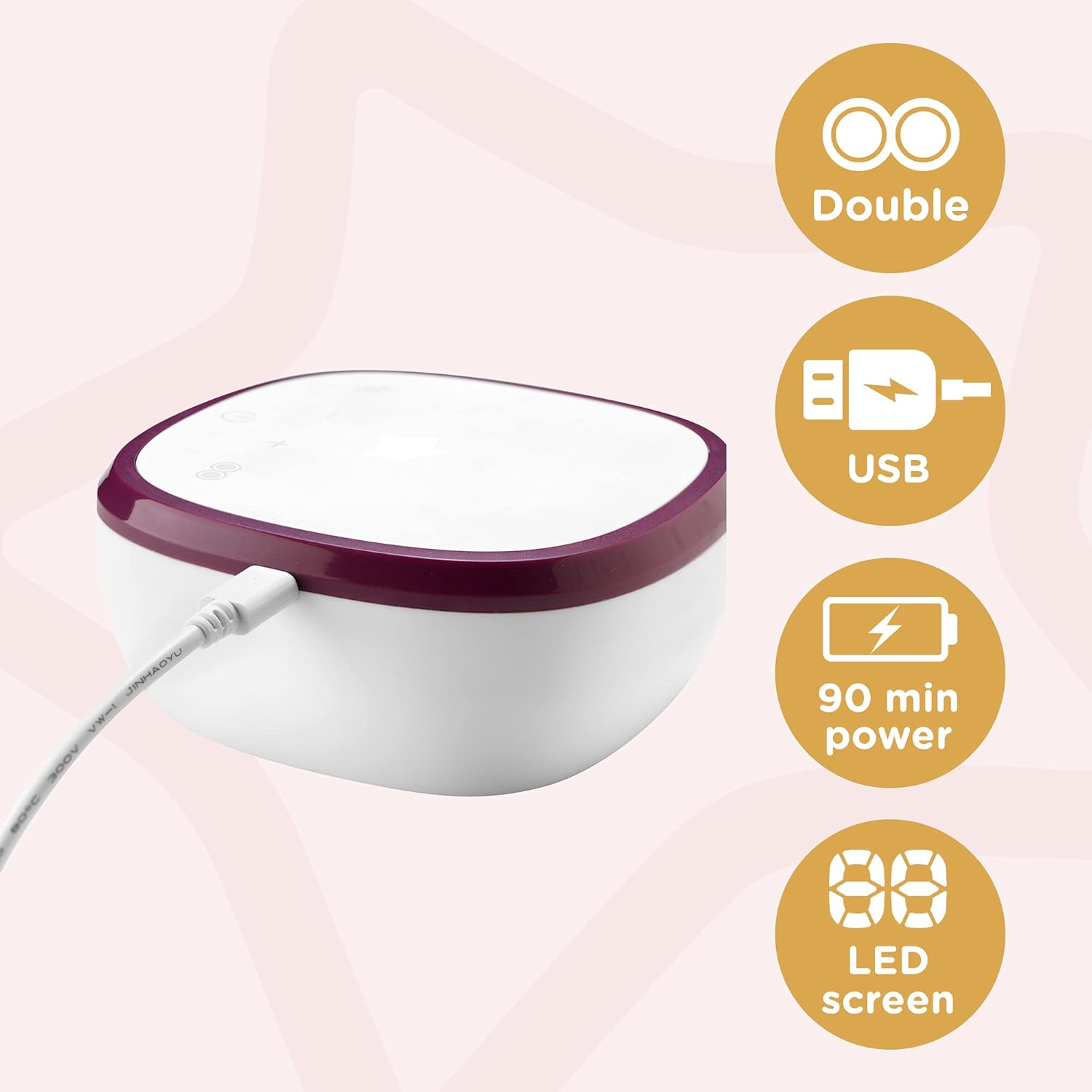 Tommee Tippee Made for Me double electric wearable breast pump, purple and white with USB charging cable