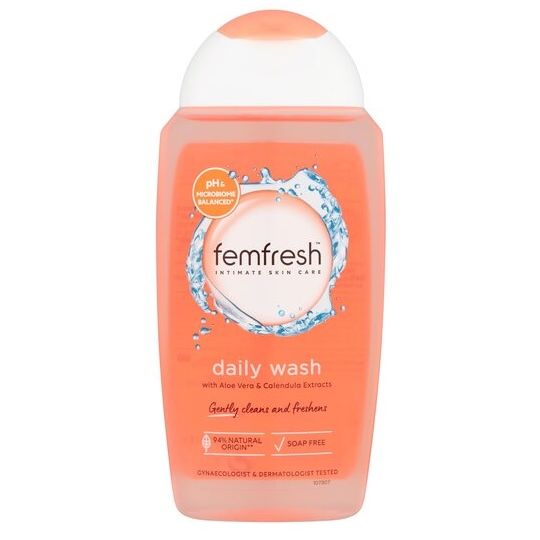 Fem Fresh Daily Intimate Wash with Aloe Vera and Calendula Extracts, peach-coloured bottle