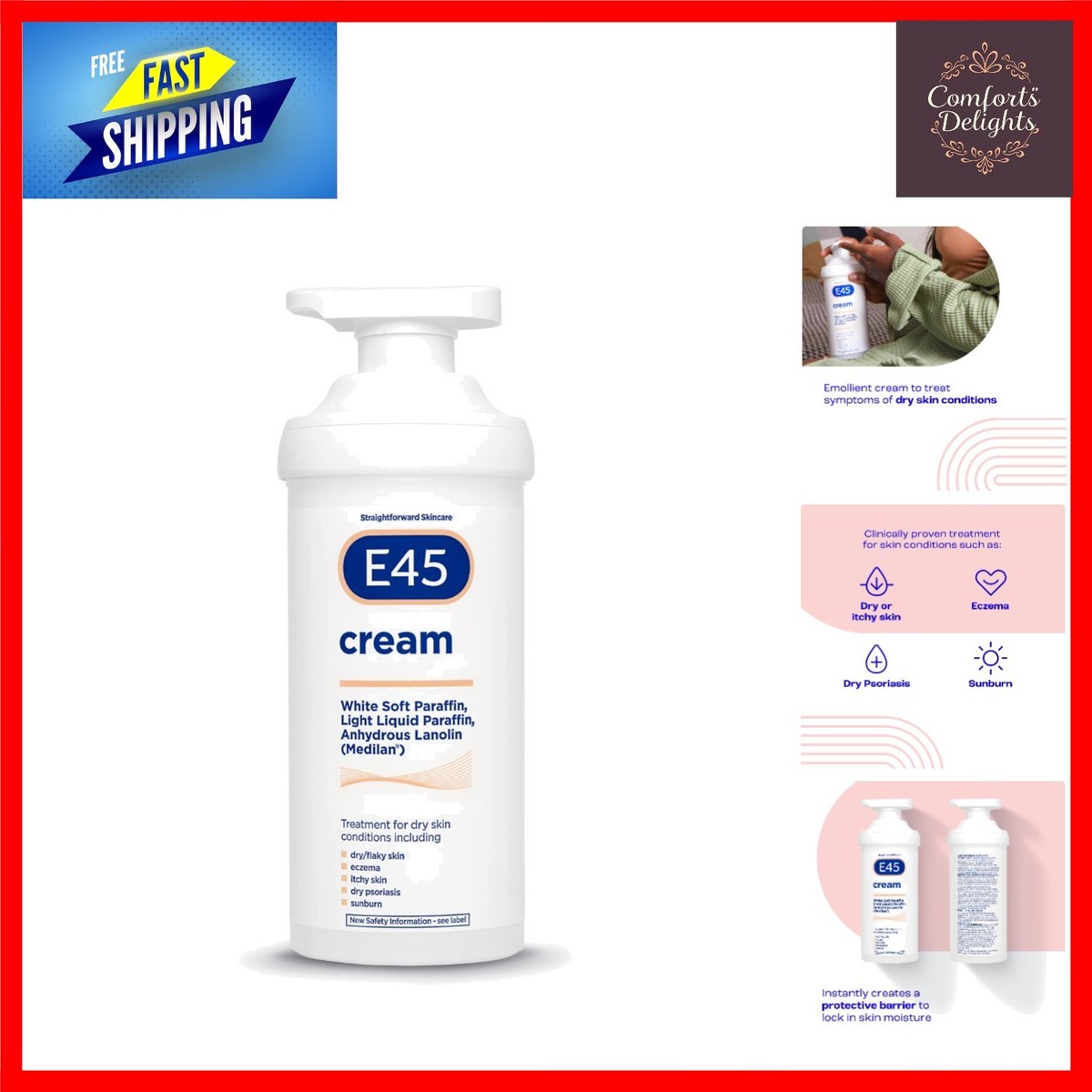 E45 cream white pump bottle 500g for dry skin and eczema