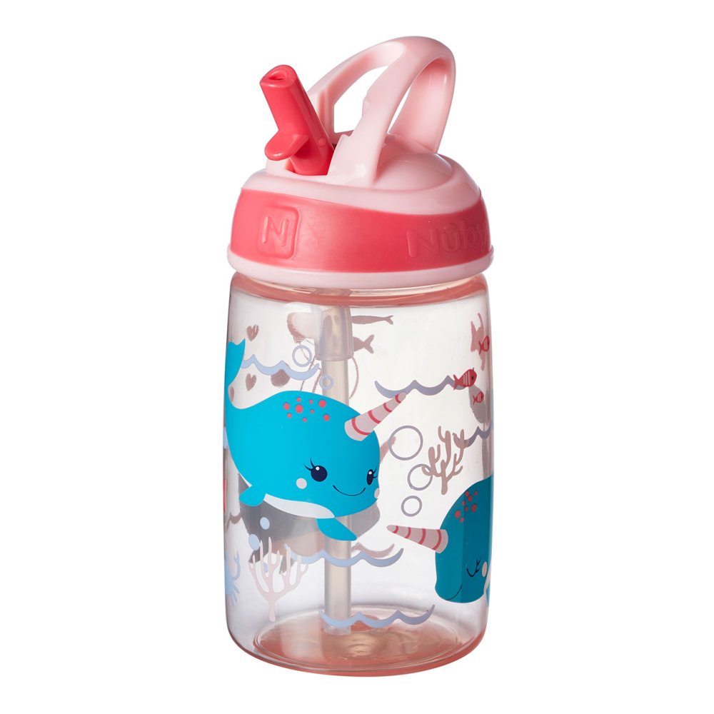 Nuby Mighty Swig pink toddler cup 360ml with whale print and straw