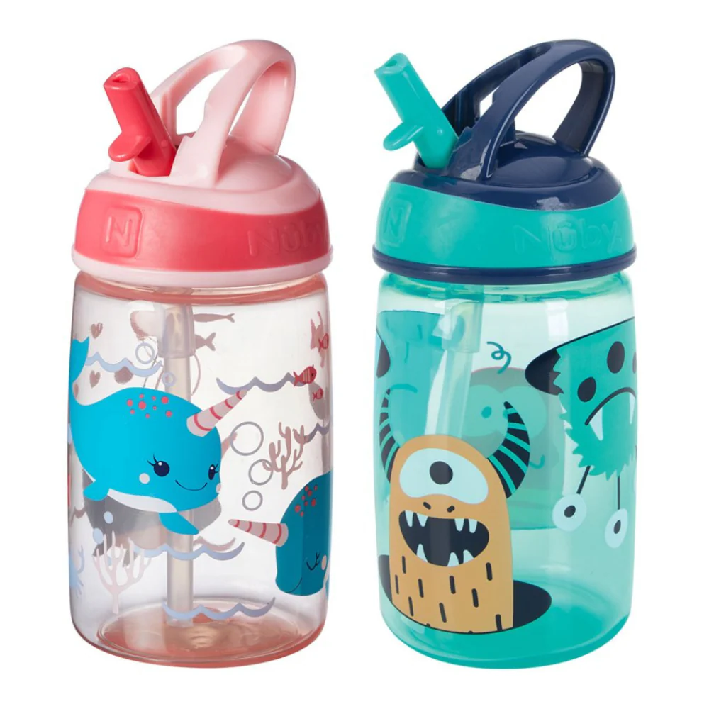 Nuby Mighty Swig 360ml toddler cup with flip top spout, pink and turquoise