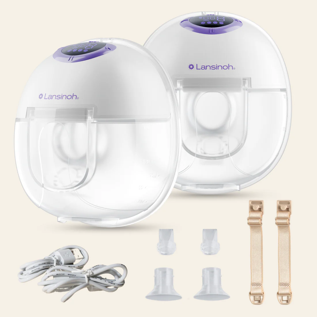 Lansinoh Wearable Double Pump Single white and purple breast pump with accessories