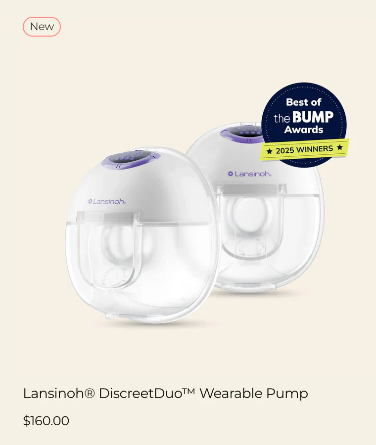 Lansinoh DiscreetDuo white wearable double breast pump with purple accents