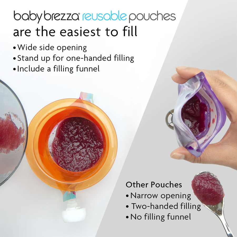 Baby Brezza reusable baby food pouches, 10 pack, purple and clear