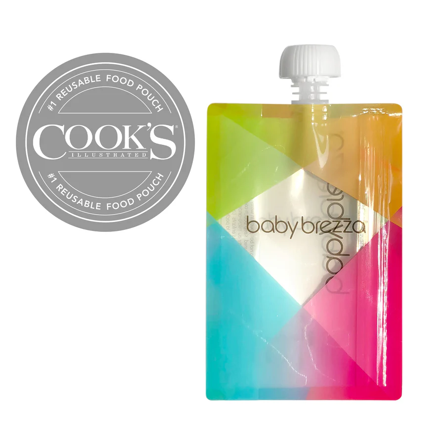 Baby Brezza reusable baby food pouch with white cap and colourful gradient design
