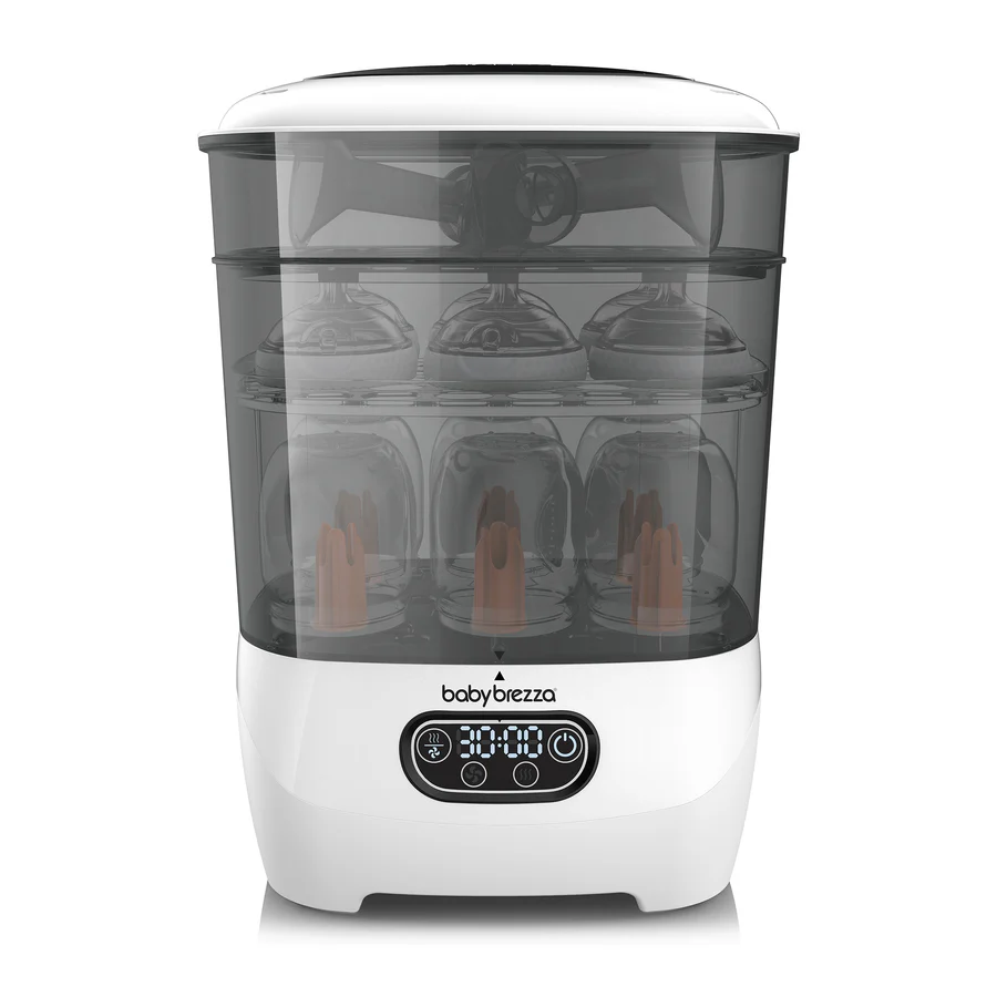 Baby Brezza Sterilizer Dryer Advanced white with digital display and bottles