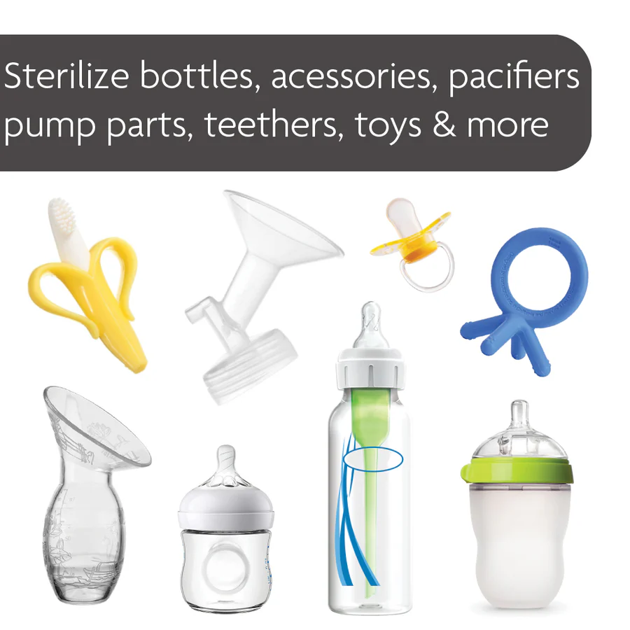 Baby Brezza Advanced Sterilizer Dryer with bottles, accessories and teethers