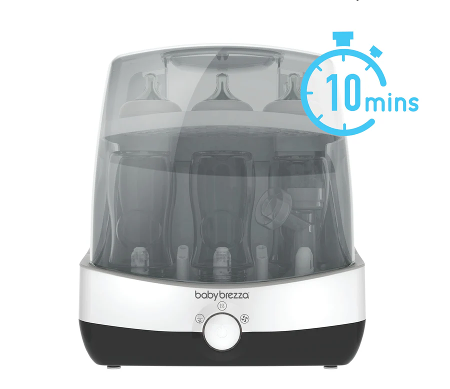 Baby Brezza Superfast Steriliser-Dryer with bottles, white and black base