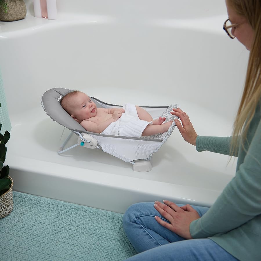 Ingenuity Summer Infant foldaway bath seat, grey and white, adjustable support for sink or bathtub