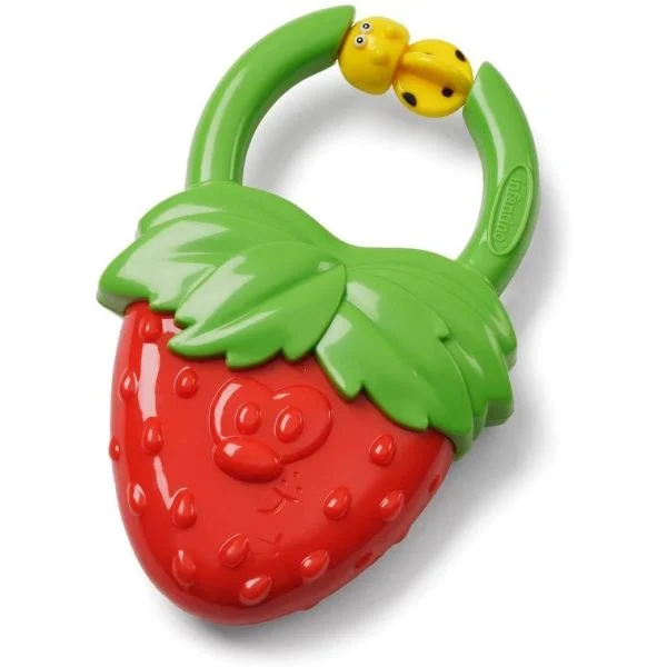 INFANTINO vibrating strawberry teether with green handle and yellow beads