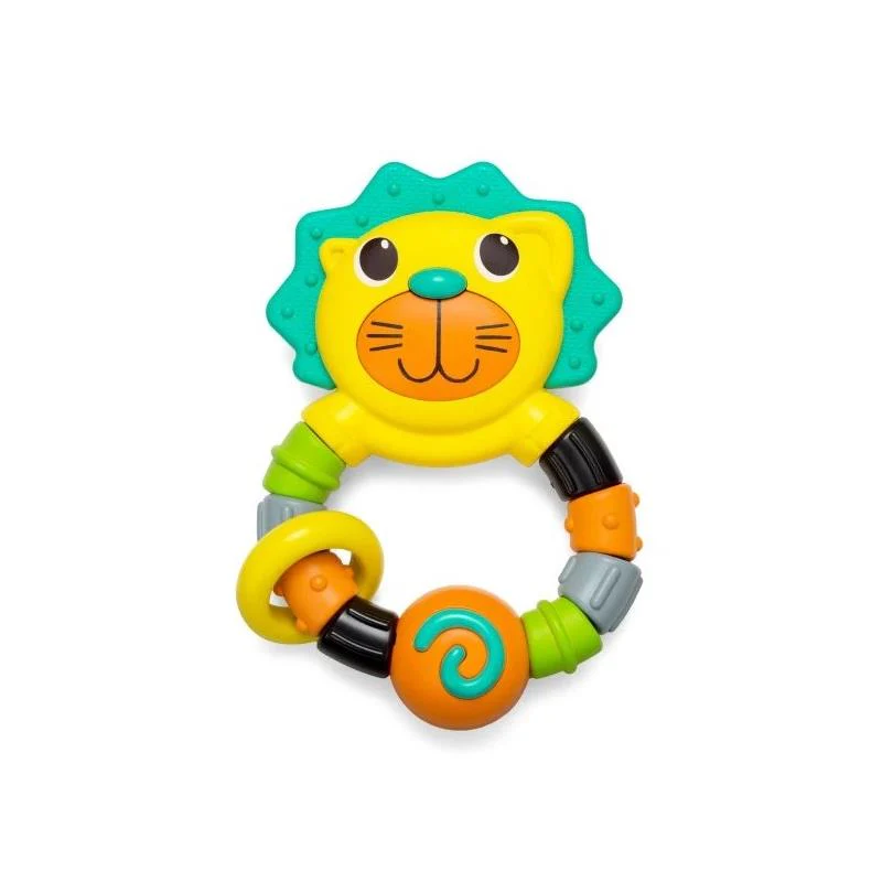 Infantino lion teether with yellow face, turquoise mane and colourful textured ring