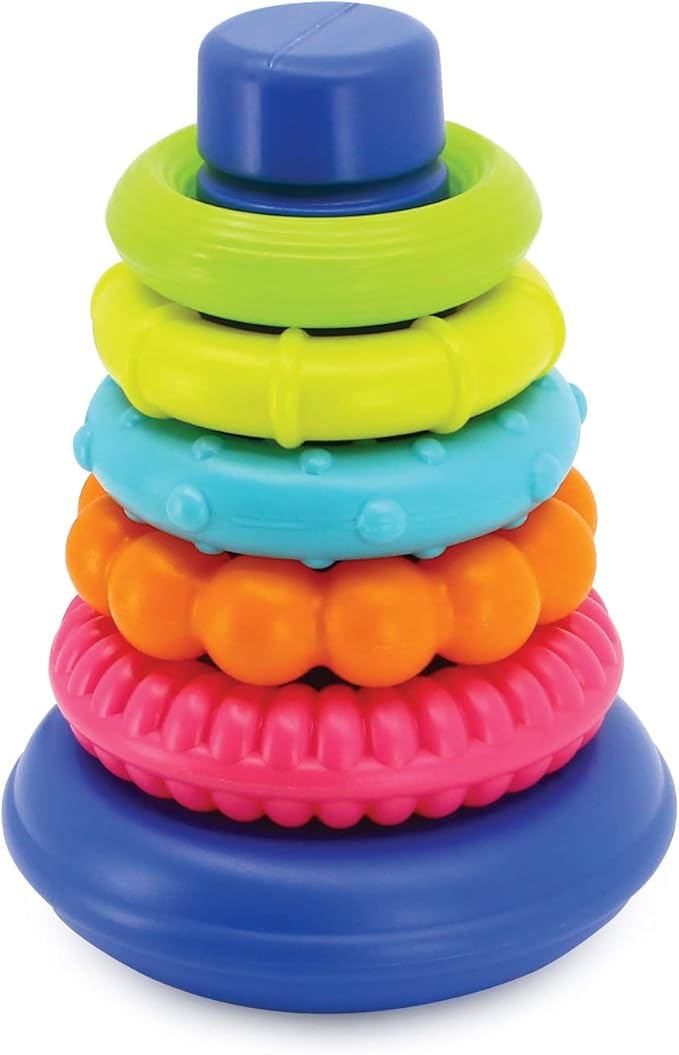Infantino Rock n Stack Ring stacking toy with blue dome top and multicoloured rings