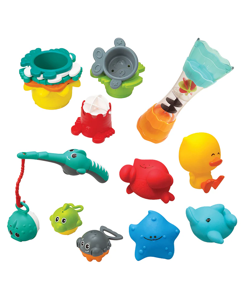 Infantino Splish and Splash 17-piece bath toy set with coloured animal and activity toys