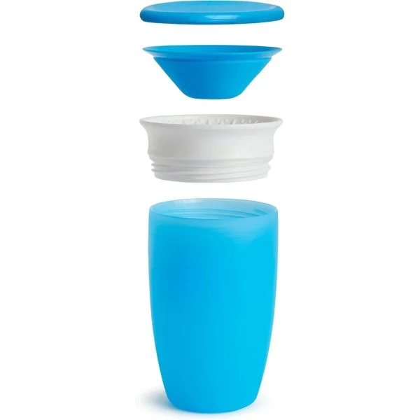 Munchkin Miracle 360 blue trainer cup 296ml with lid and components displayed