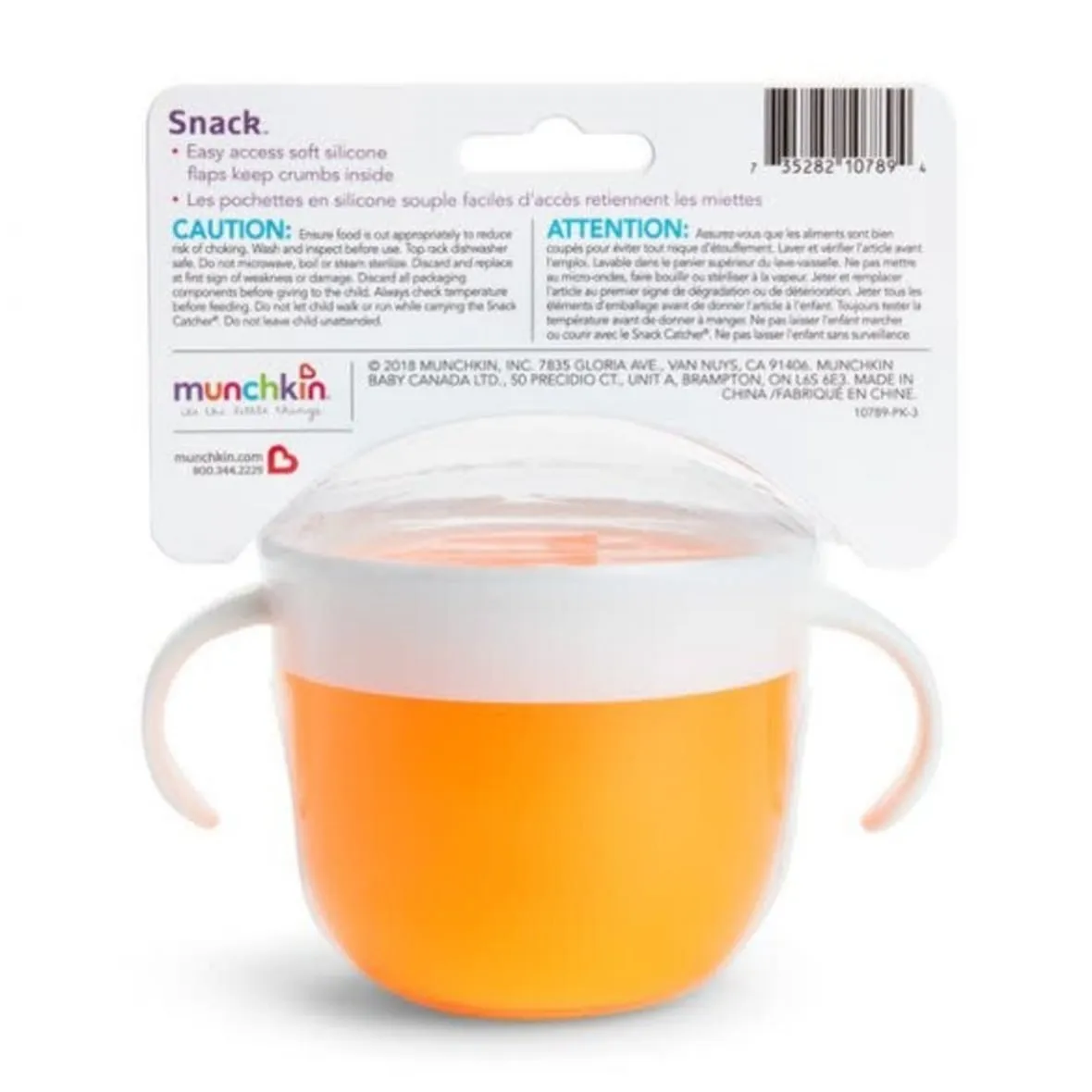 Munchkin silicone snack pot with lid and handles, orange yellow colour