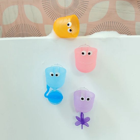 Munchkin Falls bath toy set with four multi-coloured characters and pouring cup
