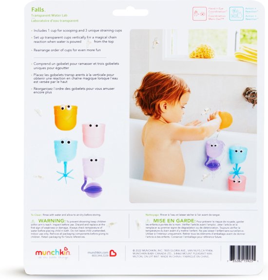 Munchkin Falls multi-coloured bath toy set with suction cups and pouring cup
