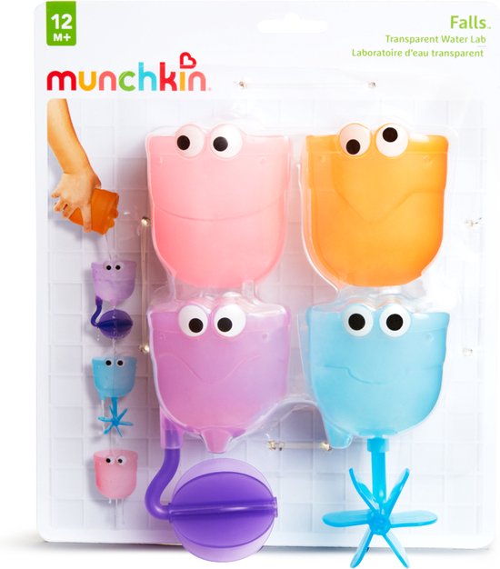 Munchkin Falls bath toy set with coloured cups, pouring cup and suction cups