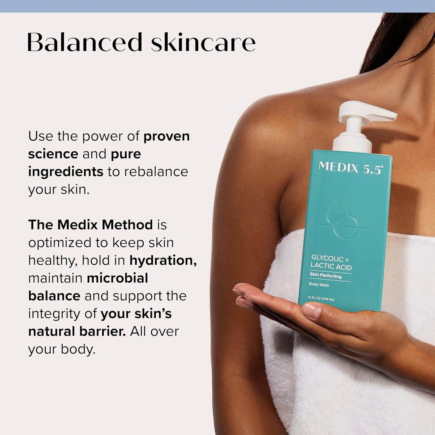 Medix 5.5 Glycolic Lactic Acid Skin Perfecting Body Wash 444ml turquoise bottle