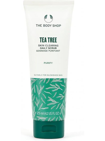 The Body Shop Tea Tree Squeaky Clean Scrub 100ml tube with green leaf pattern base
