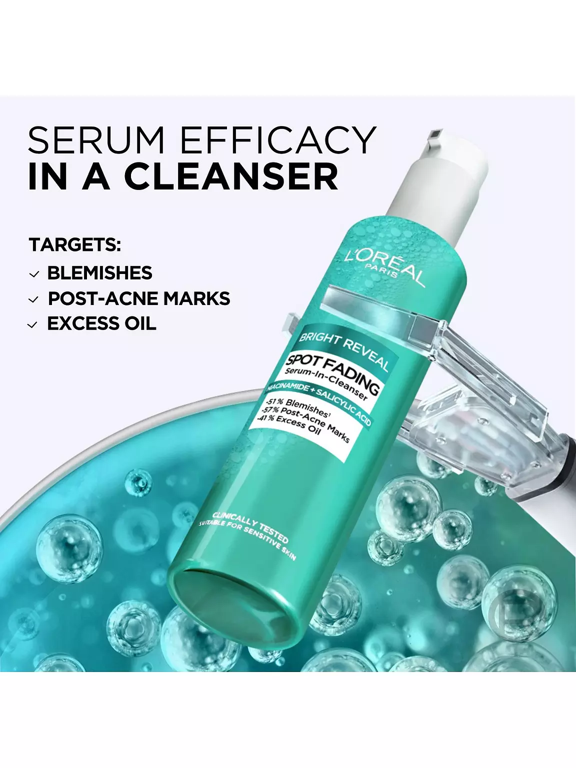 Loreal Paris Bright Reveal Spot Fading Serum-In-Cleanser 150ml turquoise bottle