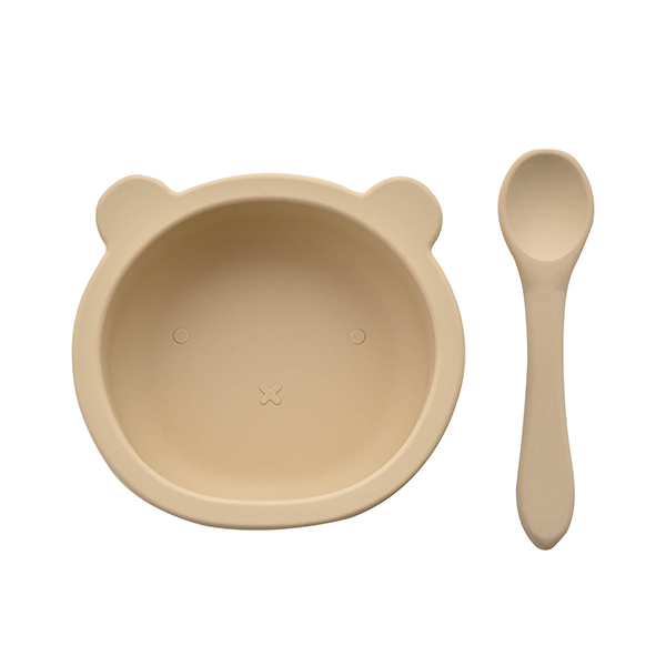 Bambino silicone feeding set natural with bear-shaped plate and spoon