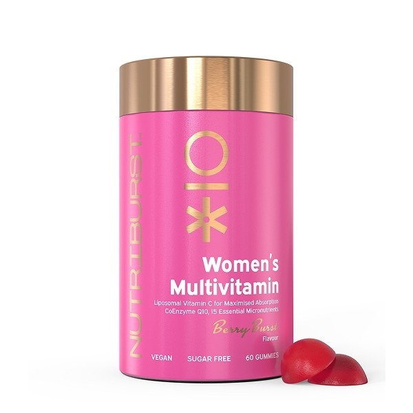 Nutriburst Womens Multivitamin 60 gummies, pink bottle with gold cap, berry flavour