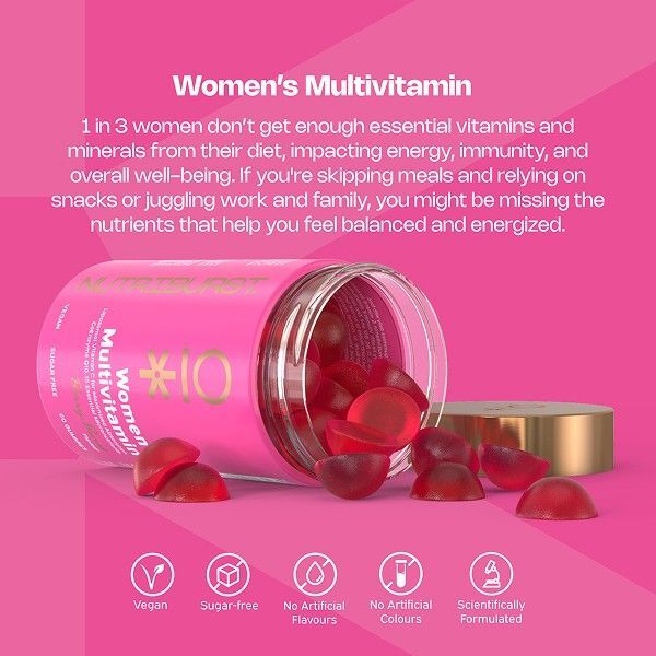 Nutriburst Women's Multivitamin 60 red gummies in pink bottle