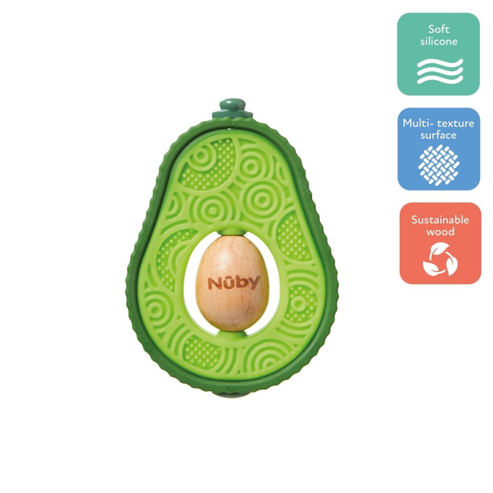 Nuby green avocado-shaped silicone teether with wooden centre piece