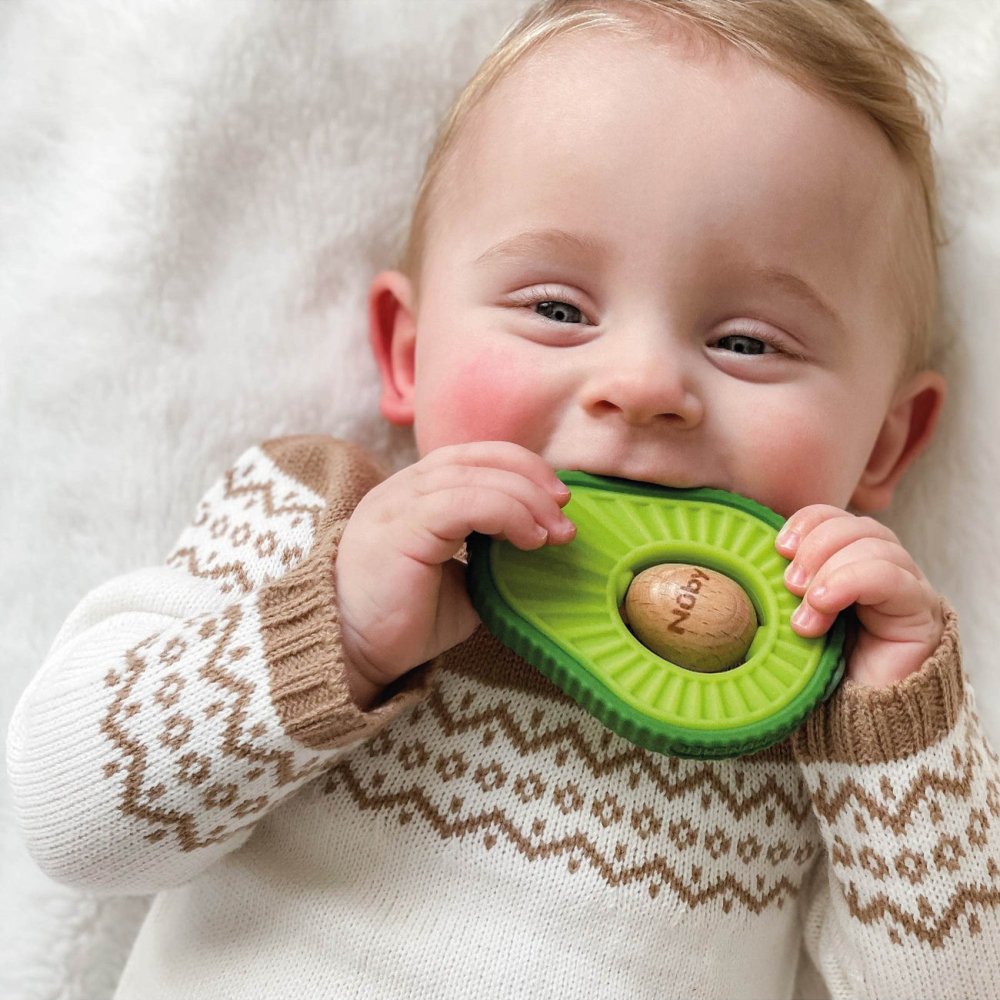 Nuby green silicone avocado teether with wooden pit for babies