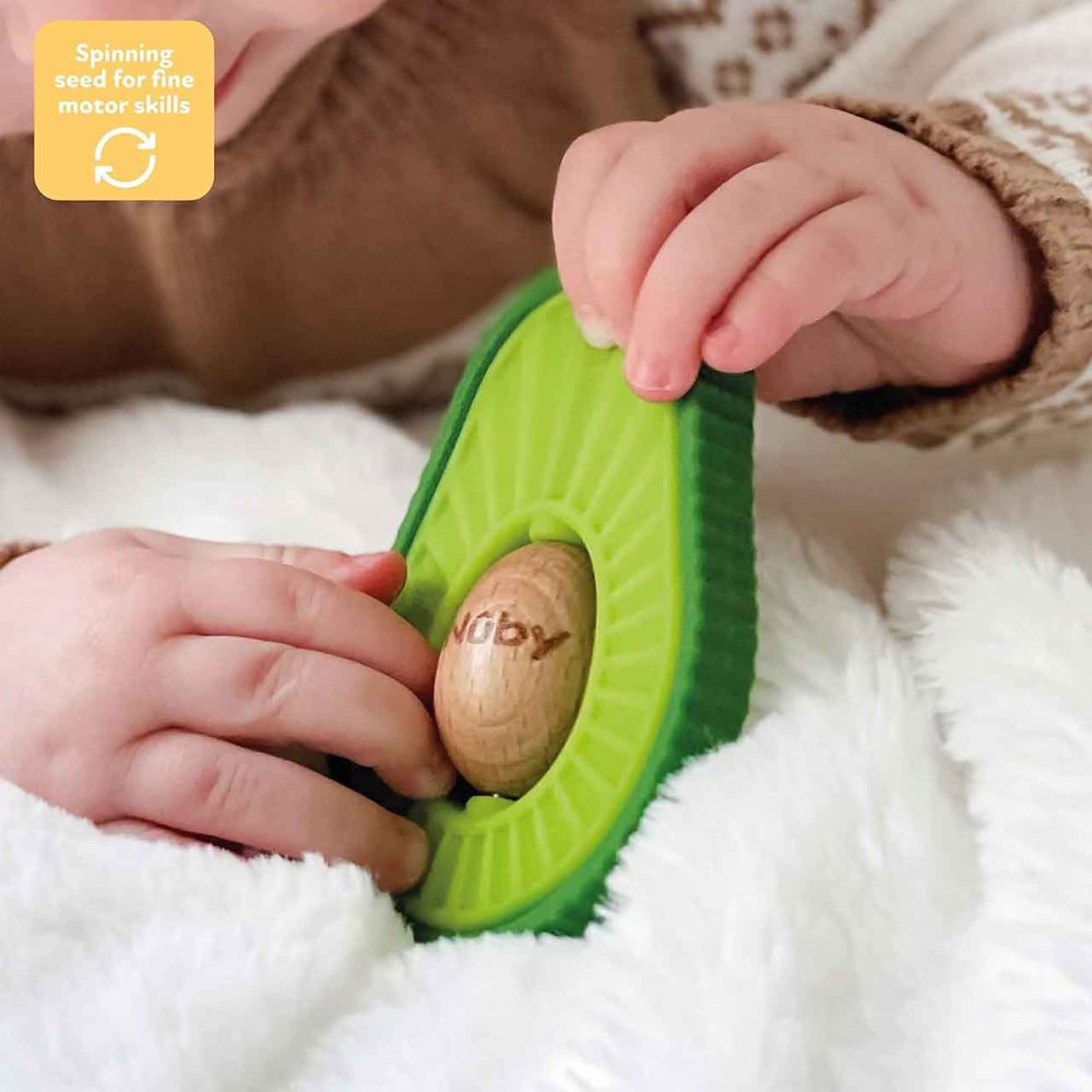 Nuby green silicone avocado teether with spinning wooden seed toy