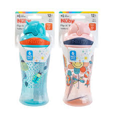 Nuby Flip It Boost 360ml toddler cups in turquoise and pink with handles