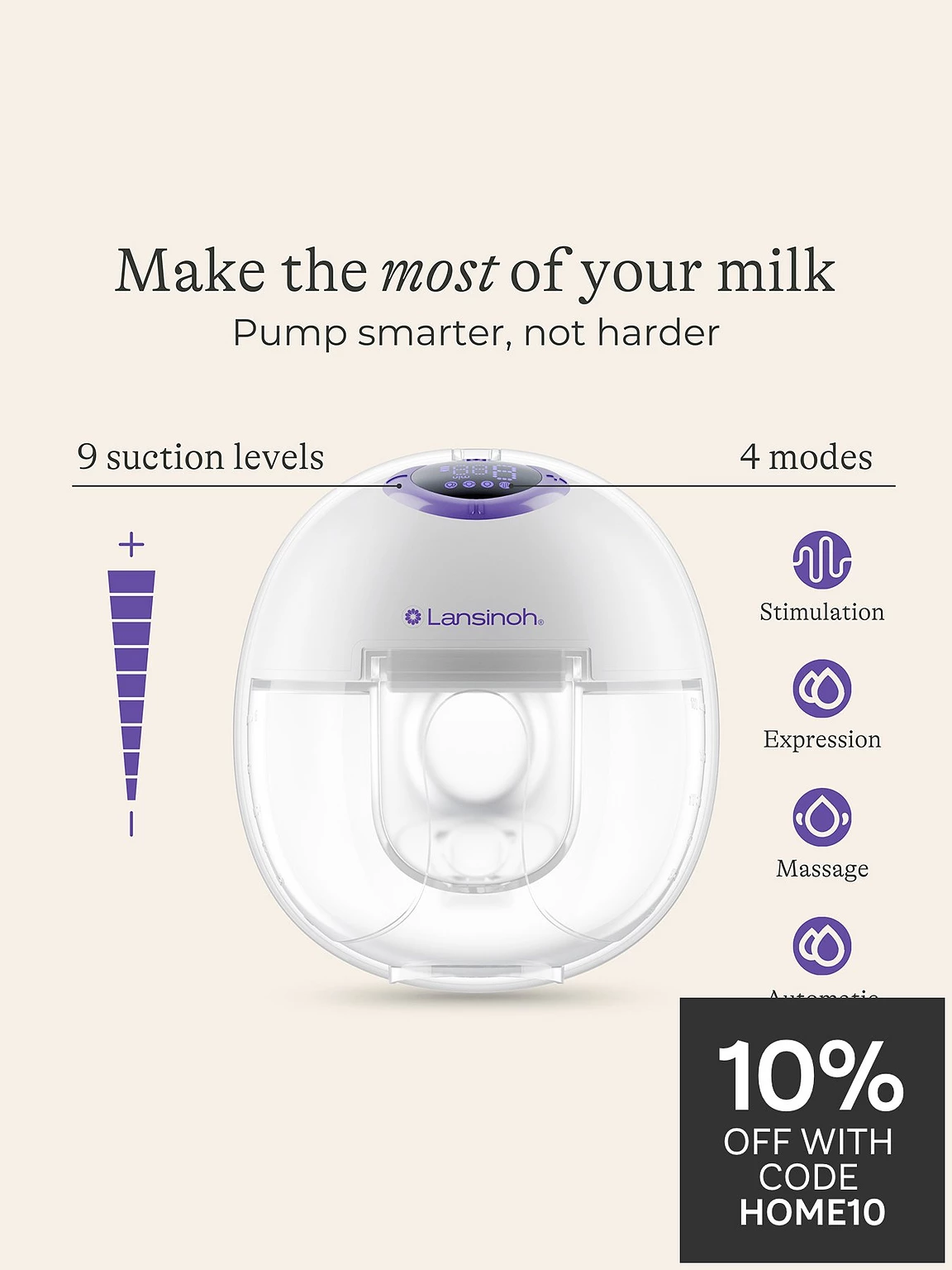 Lansinoh Wearable Single Pump with purple controls and white base