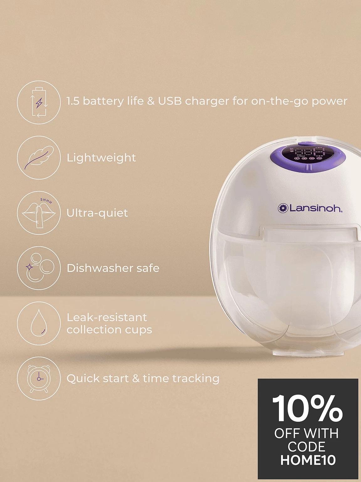 Lansinoh Wearable Single Pump white and purple breast pump with USB charger