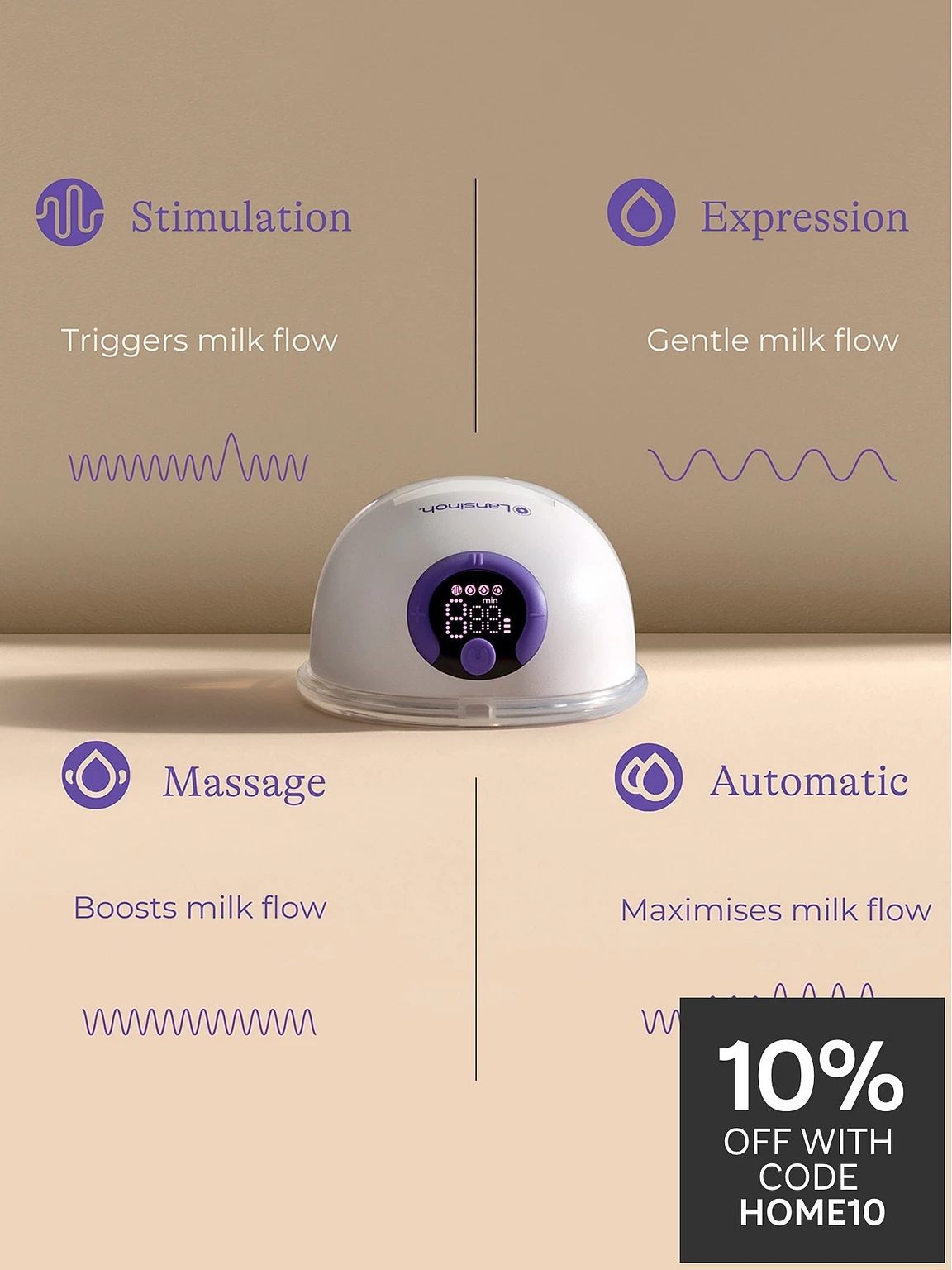 Lansinoh wearable single breast pump with digital display and purple accents