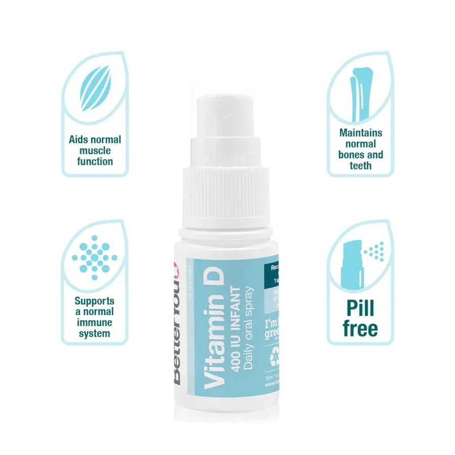 BetterYou Vitamin D 400 IU infant daily oral spray bottle with white pump top