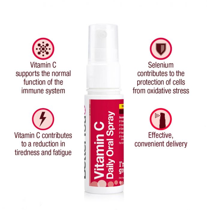 BetterYou Vitamin C Daily Oral Spray red and white bottle with pump dispenser