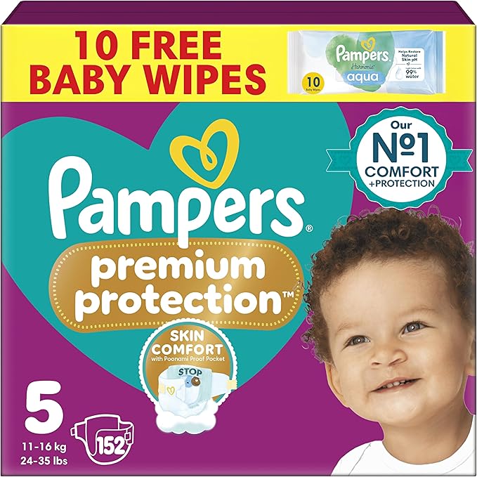 Pampers Premium Protection Size 5 nappies, 54 pack with free baby wipes