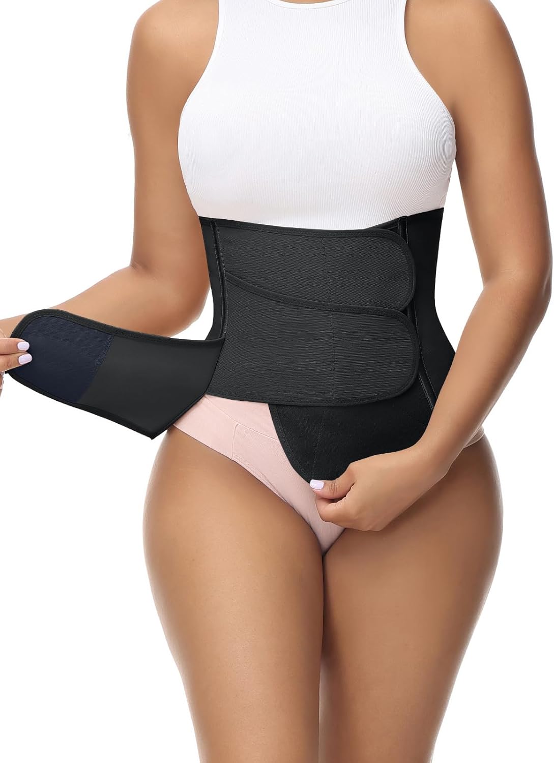 Black waist trainer corset belt with removable shoulder straps for support