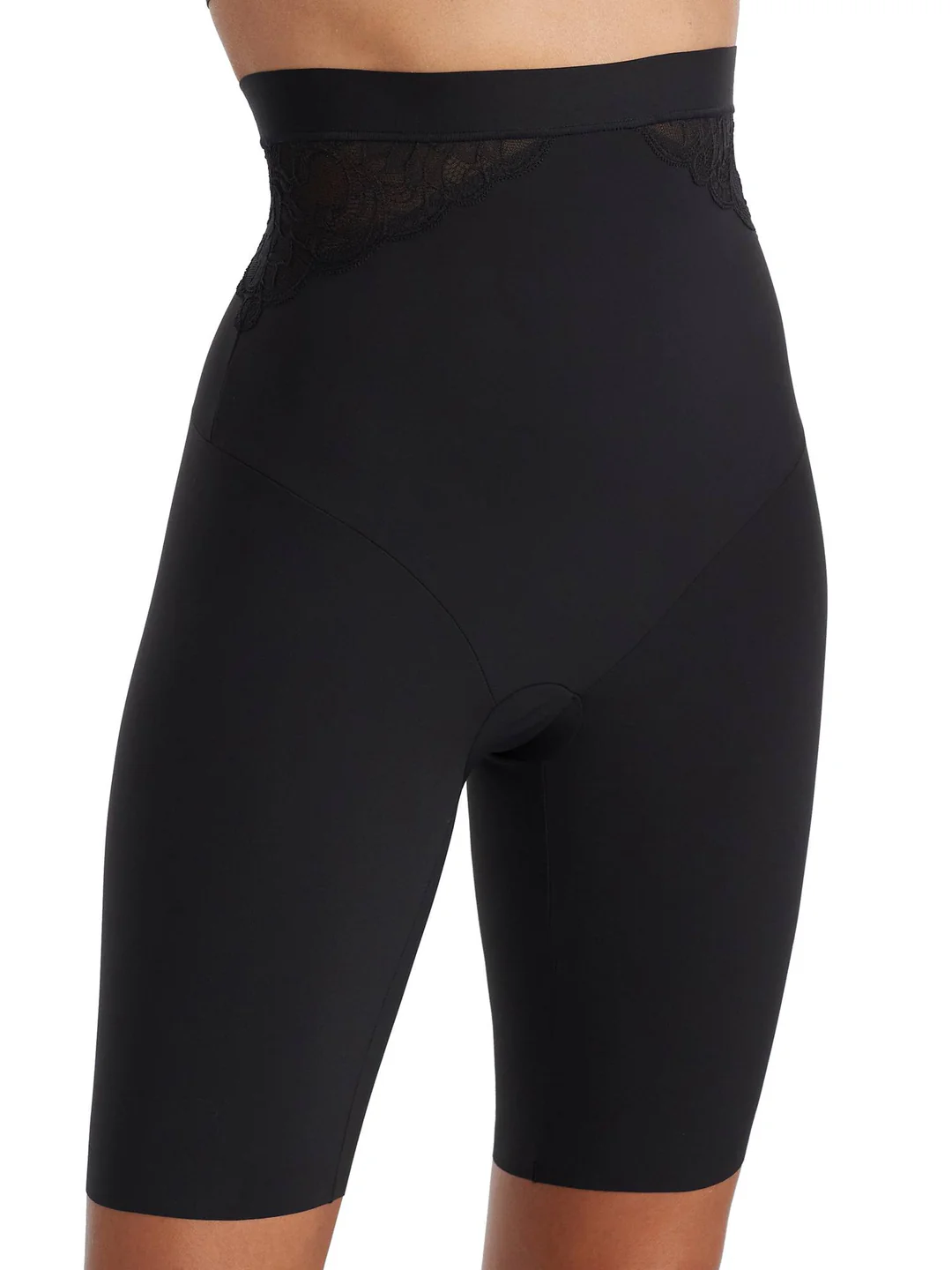 Maidenform black eco lace high waisted thigh slimmer shorts, size large